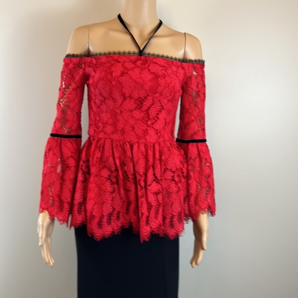 Alexis Red Lace Grace Whimsigoth Halter Blouse with Bell Sleeves - Picture 5 of 8